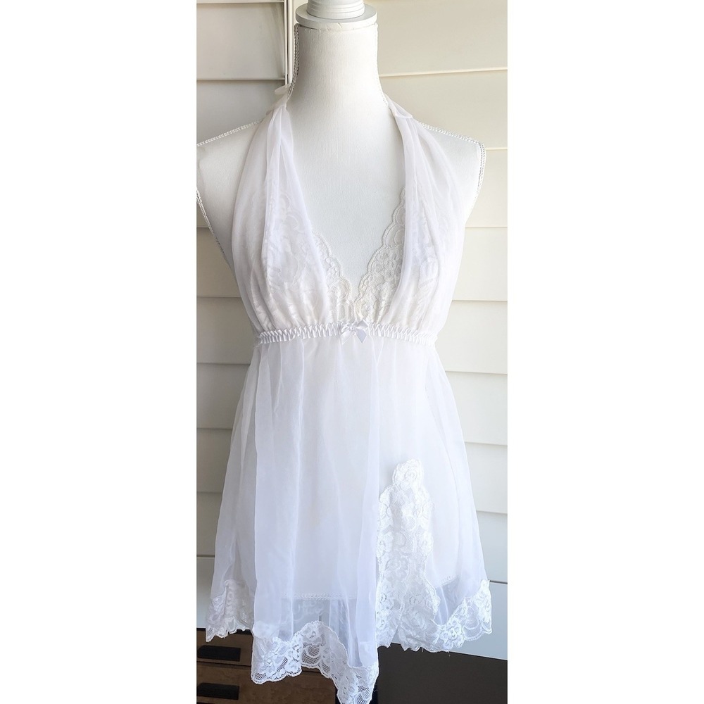 Frederick's of Hollywood White Sheer Halter Babydoll Honeymoon Lingerie M